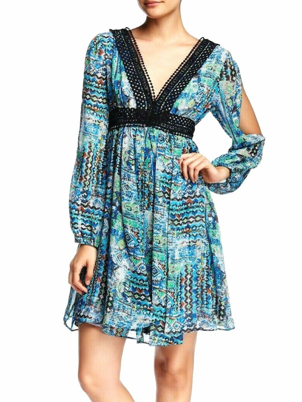Betsey Johnson Chic Watercolor Boho Aztec Crochet Trim Gypsy Dress Size 2 XS